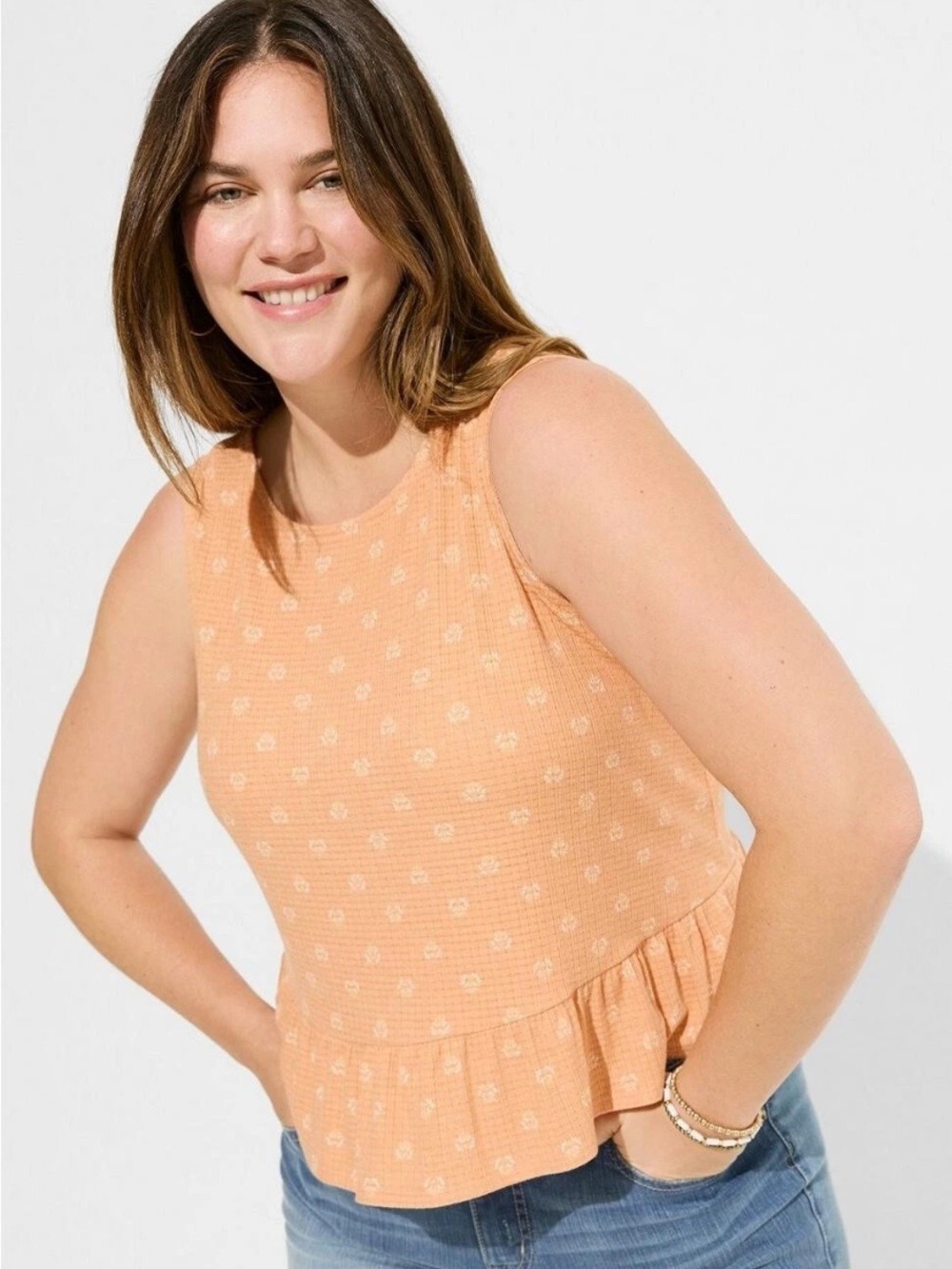 Torrid Peach Floral Sleeveless Peplum Tank Top Ruffle Hem 4X
